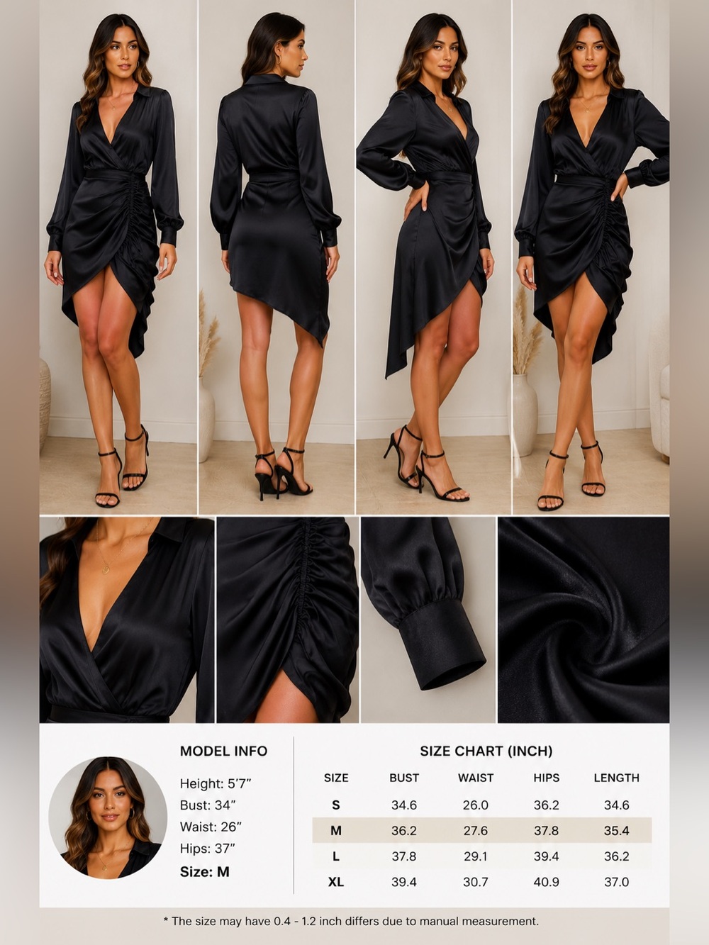 Fiestar Black Satin Asymmetrical Wrap Dress Bishop Sleeves Ruched Mini Dress